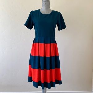 LuLaRoe Amelia Dress with red and Blue/Green stripped skirt